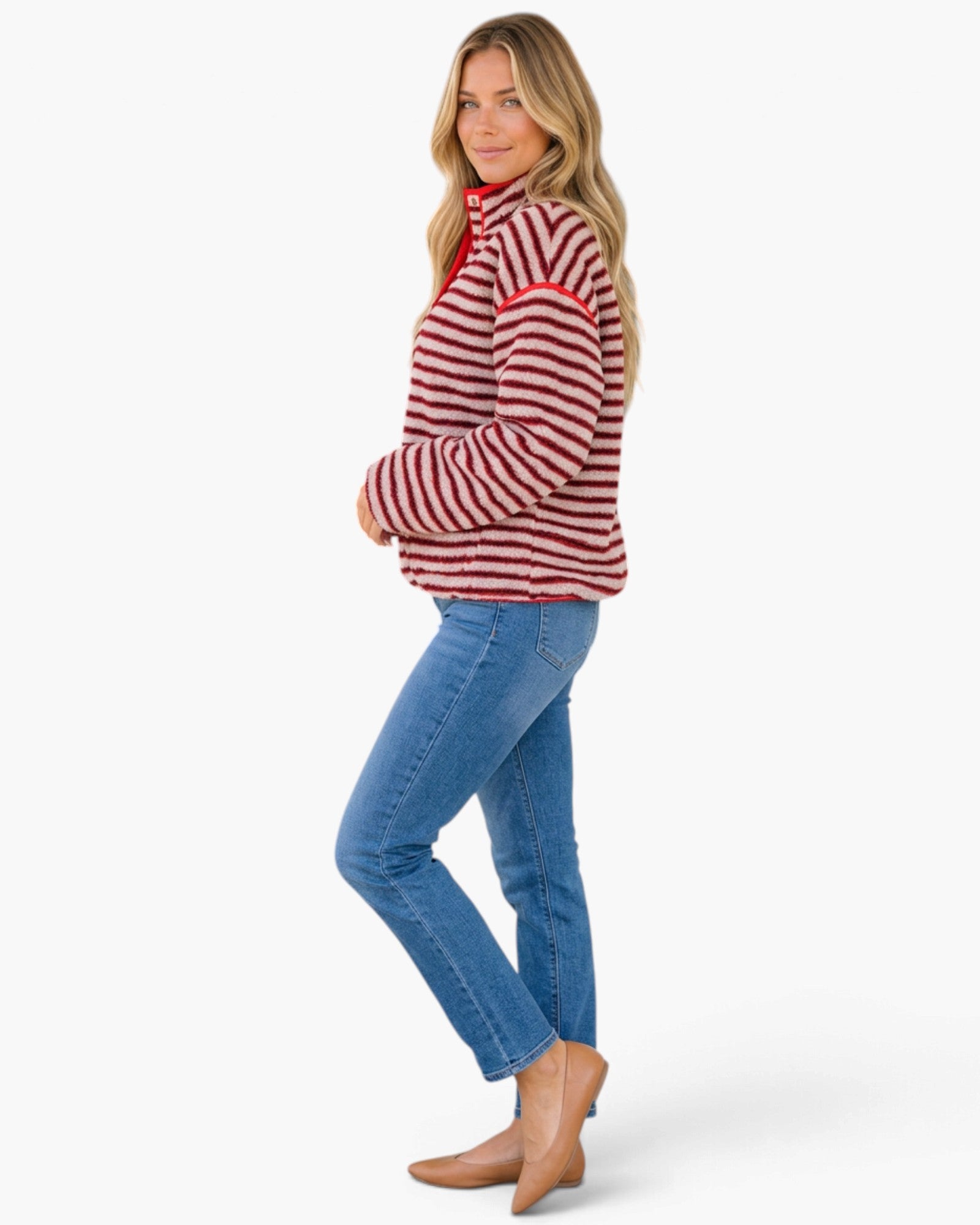 Red & Cream Striped Fleece Pullover