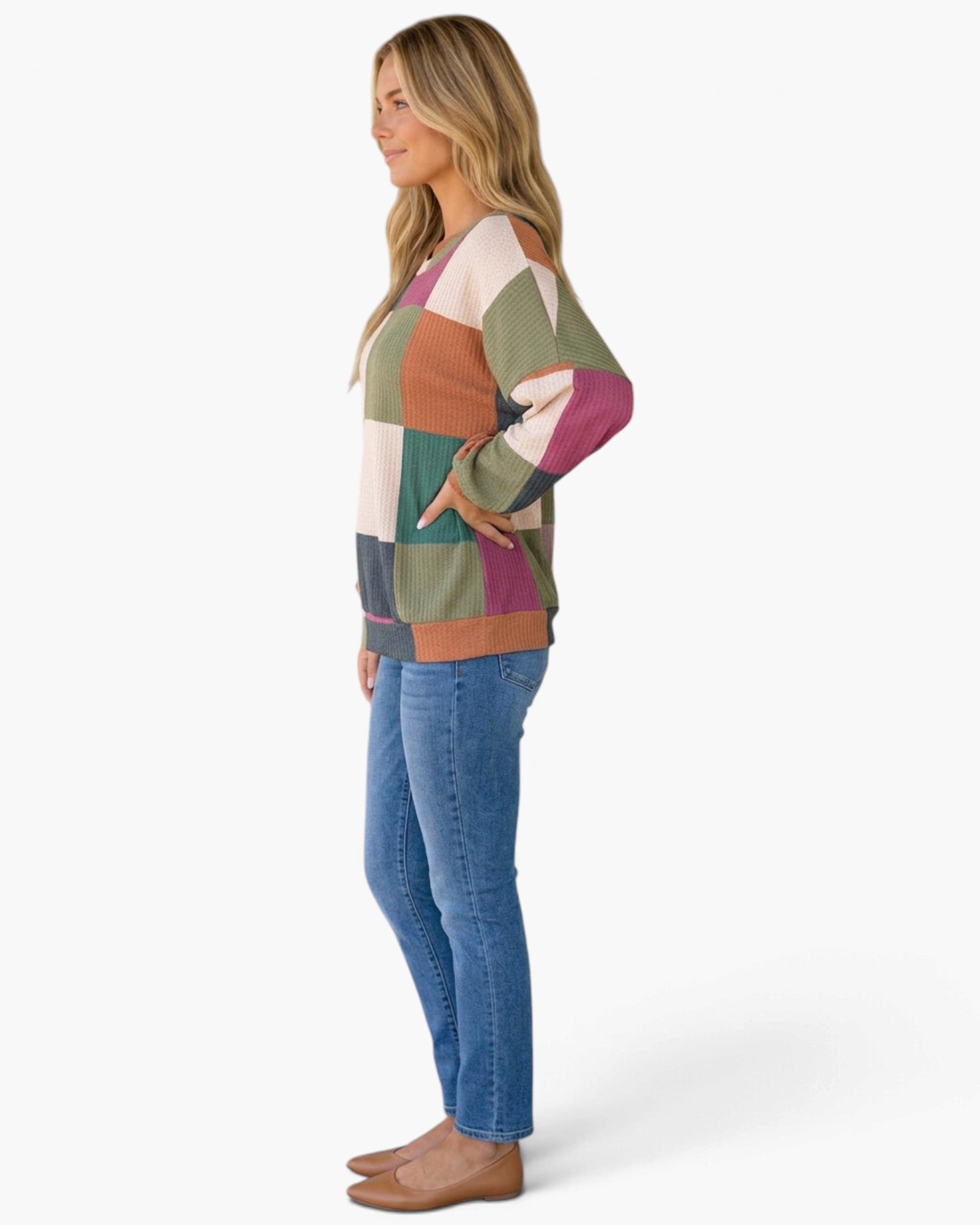 Olive & Multicolor Color Block Waffle Knit Top