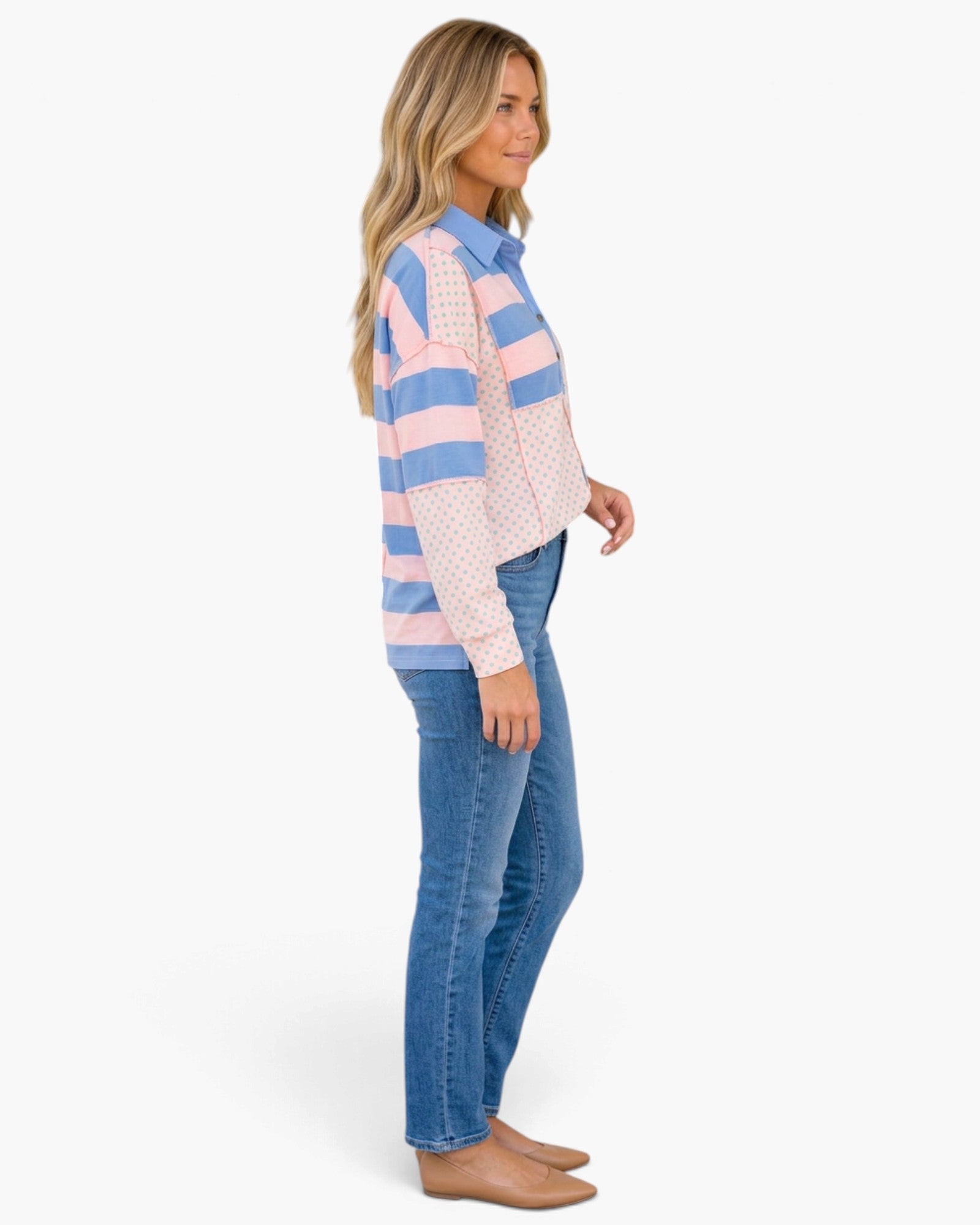 Pink & Blue Stripe & Polka Dot Collared Top