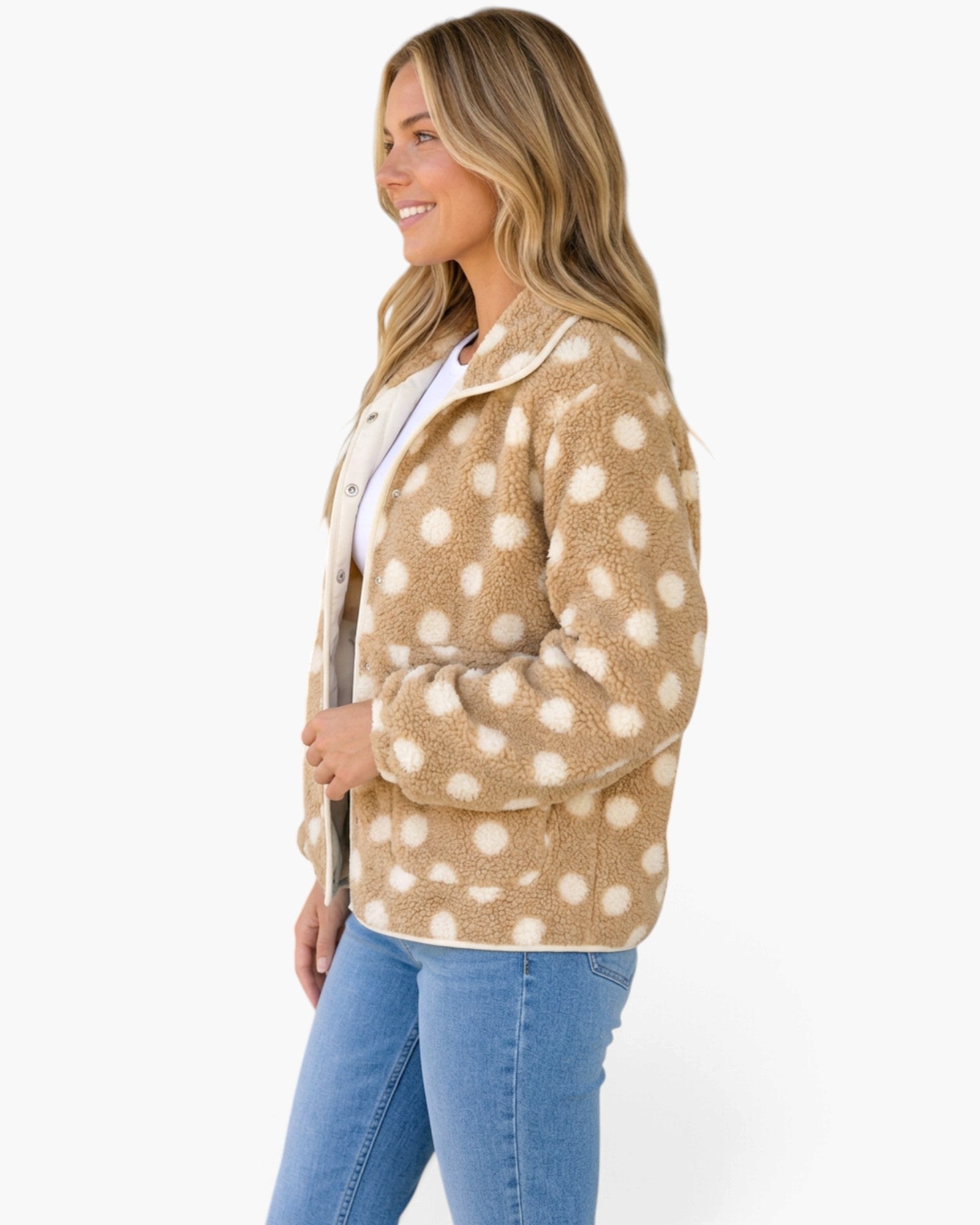 Camel & Ivory Polka Dot Sherpa Jacket