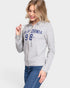 Woman wearing a gray hoodie with 'California 98' text on a light gray background