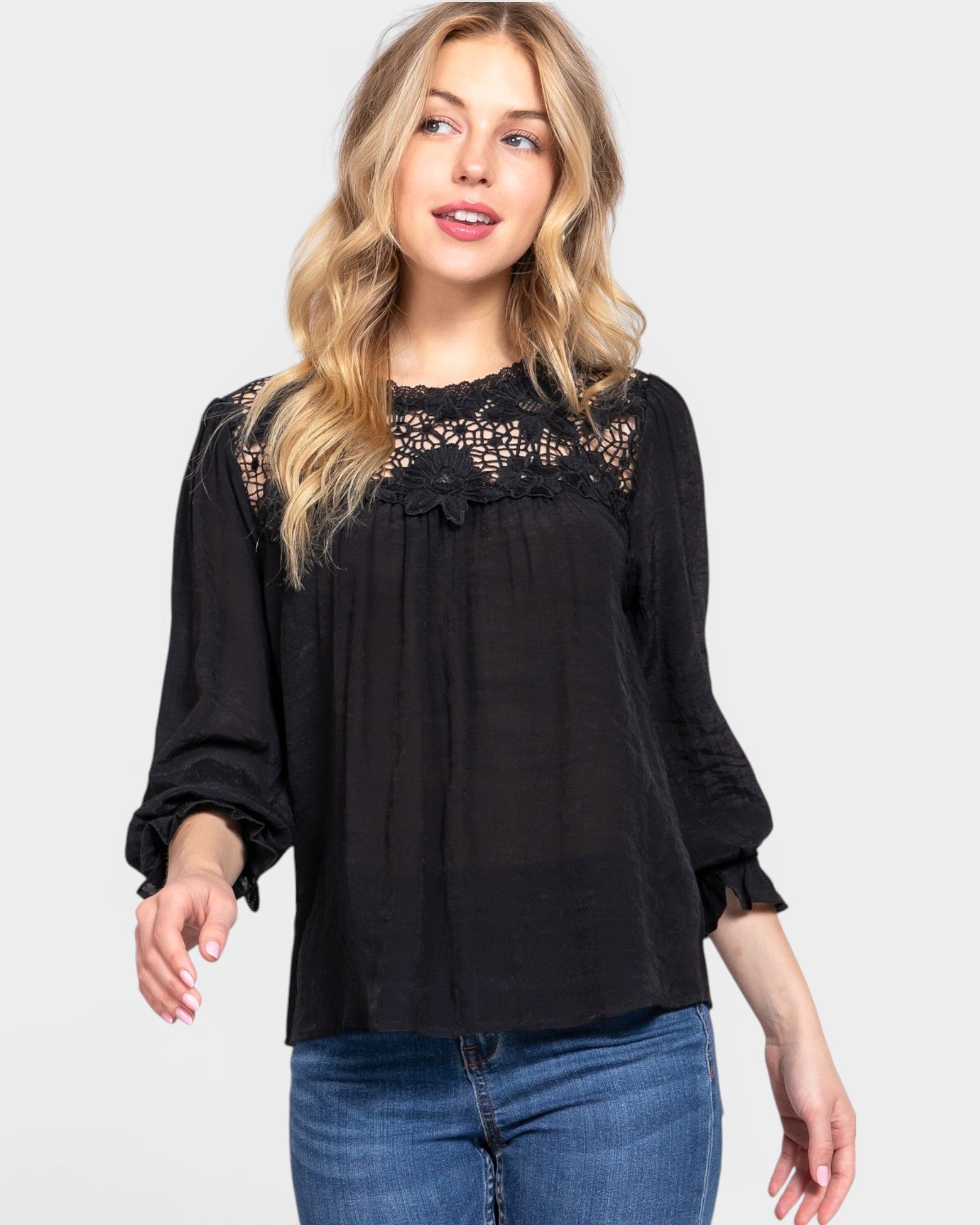 Black Lace Yoke Long Sleeve Top