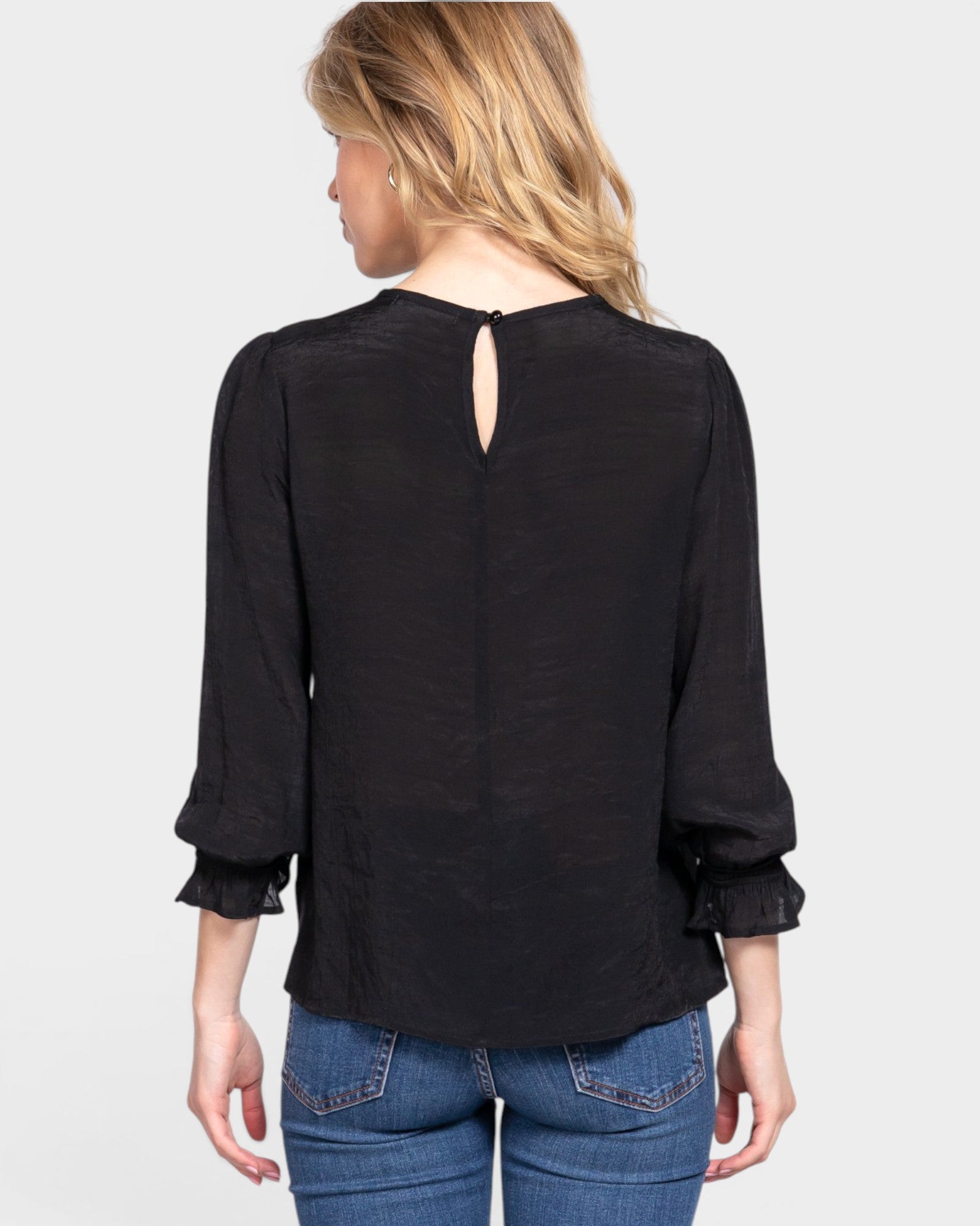 Black Lace Yoke Long Sleeve Top