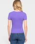 Person wearing a purple t-shirt and blue jeans on a white background