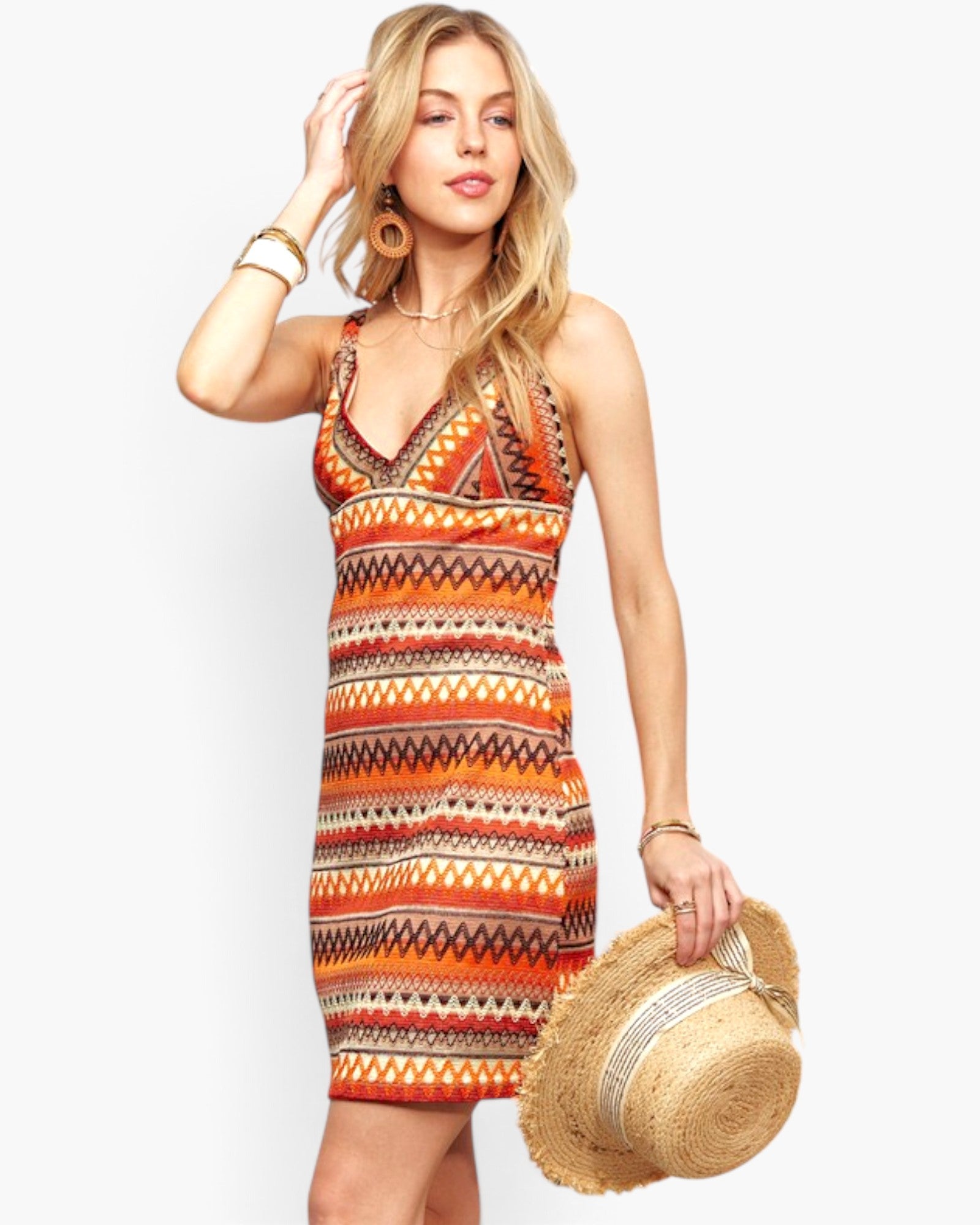 Orange Geometric V-Neck Mini Dress