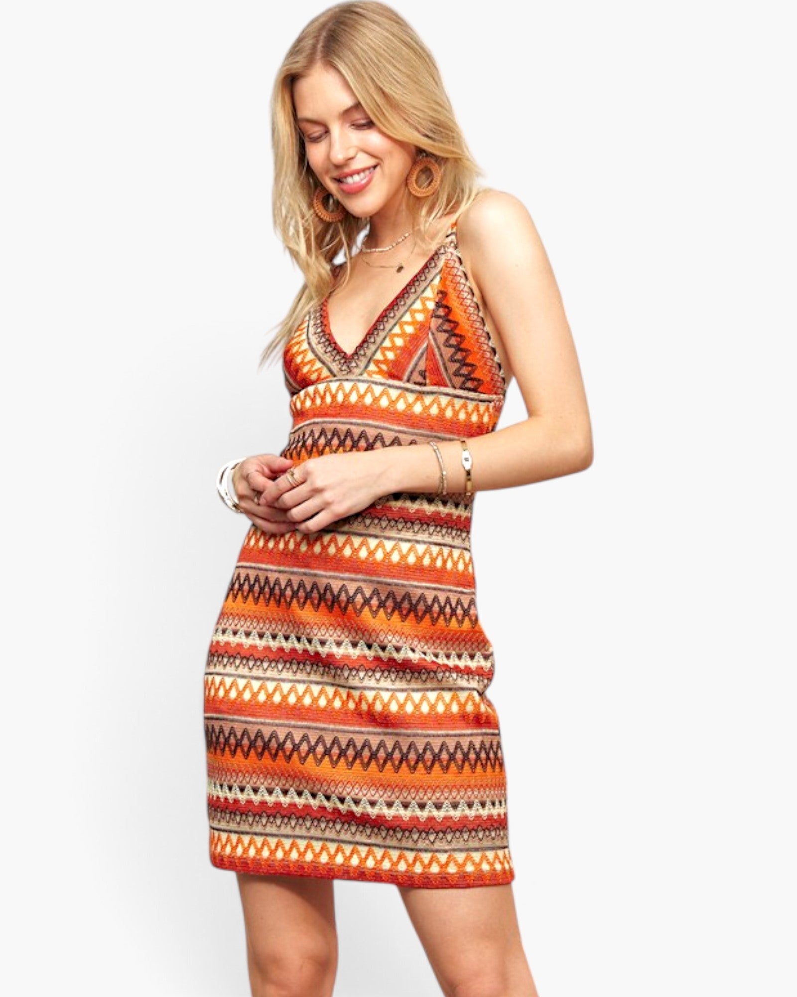 Orange Geometric V-Neck Mini Dress