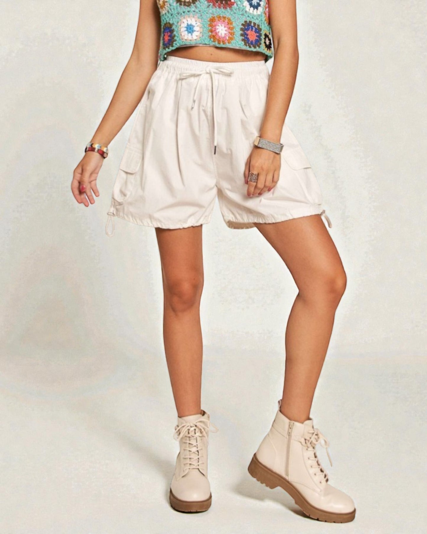 White Utility Drawstring Shorts
