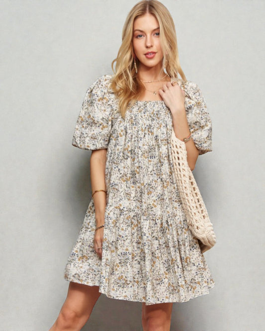 Ivory Meadow Floral Puff Sleeve Mini Dress