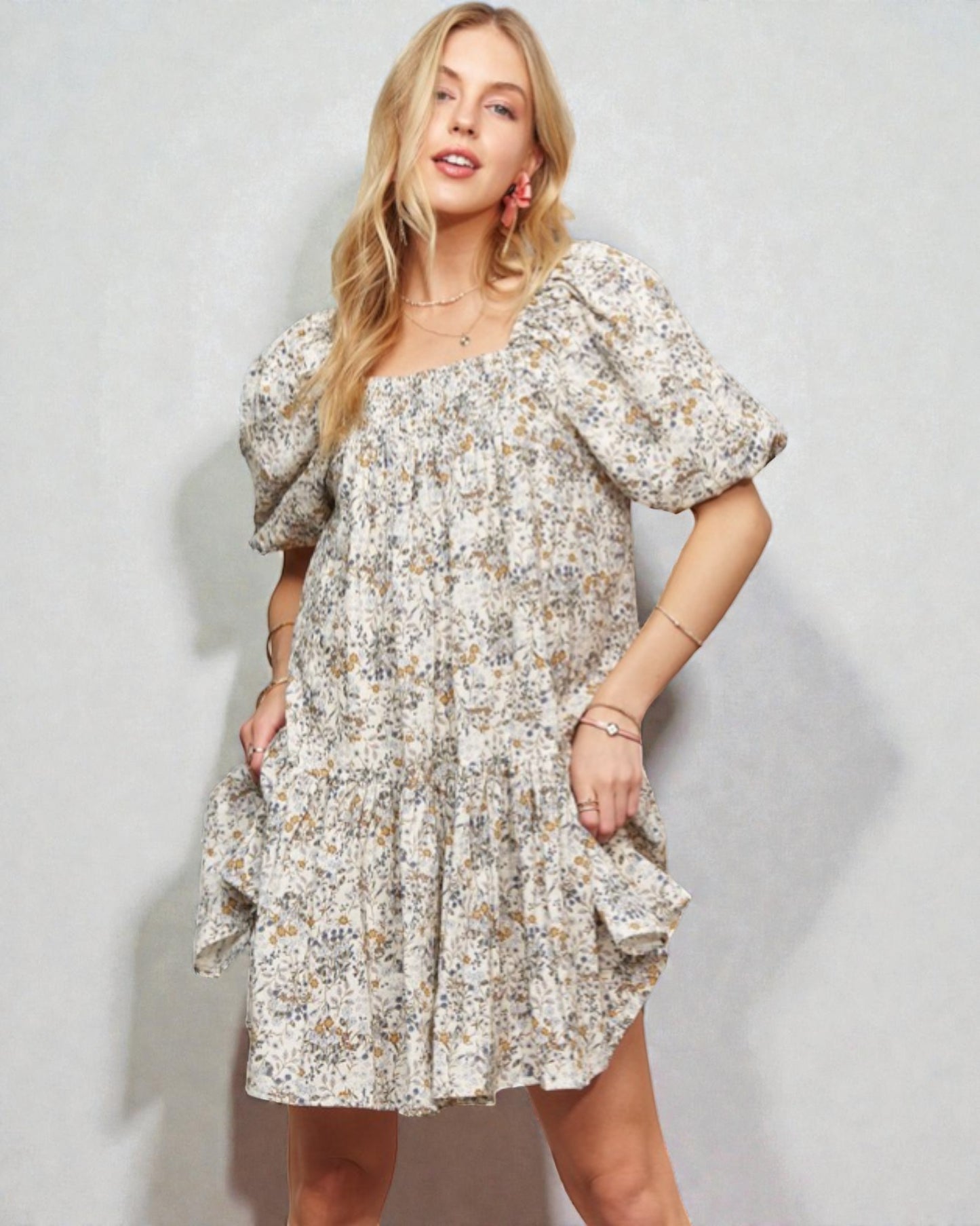 Ivory Meadow Floral Puff Sleeve Mini Dress