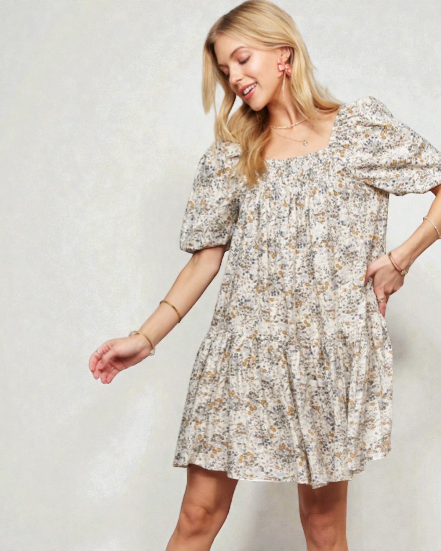 Ivory Meadow Floral Puff Sleeve Mini Dress