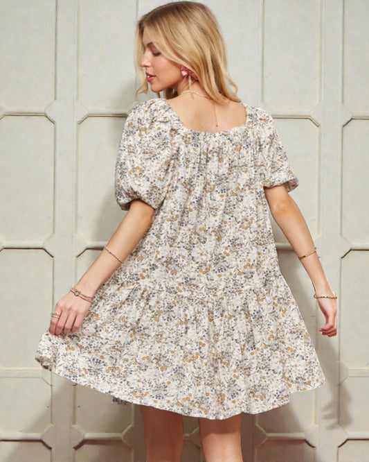 Ivory Meadow Floral Puff Sleeve Mini Dress