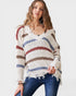 Woman wearing a striped sweater with a white background