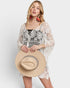 Woman holding a beige hat wearing a black and white patterned dress with a white lace cover-up on a white background