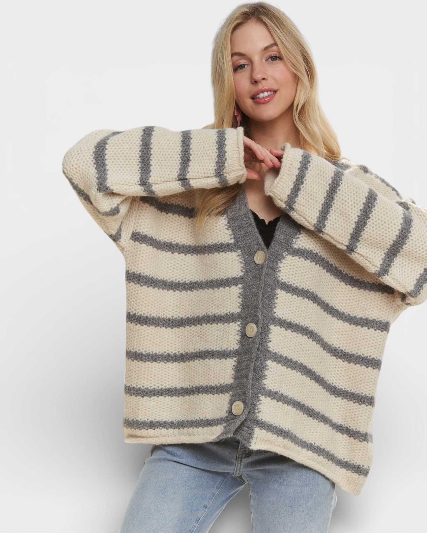 Ivory & Gray Striped Button Front Cardigan