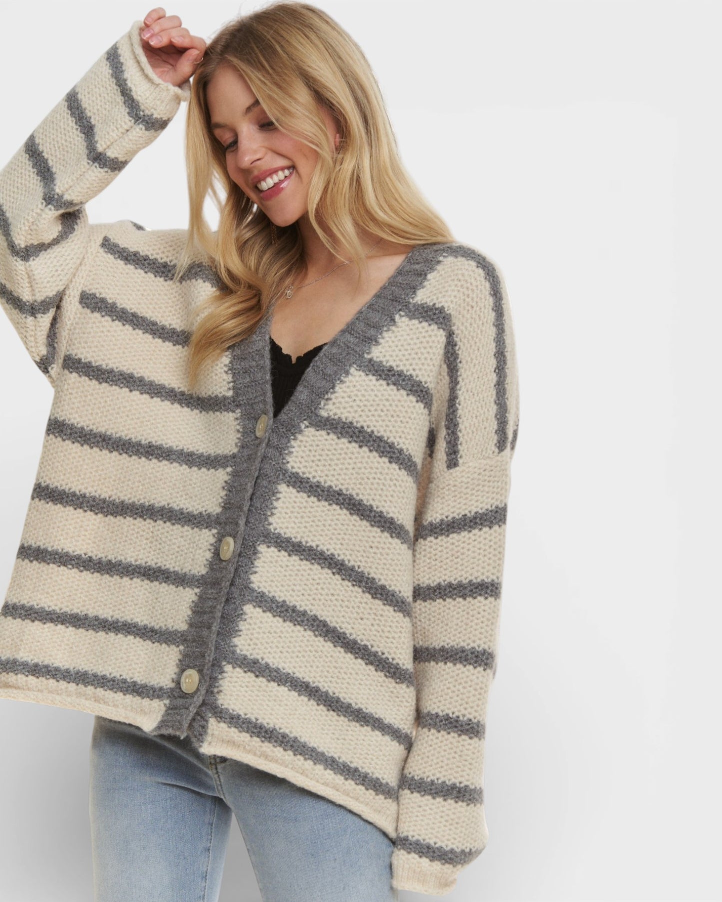 Ivory & Gray Striped Button Front Cardigan