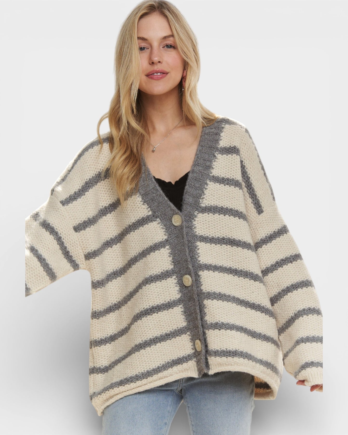 Ivory & Gray Striped Button Front Cardigan