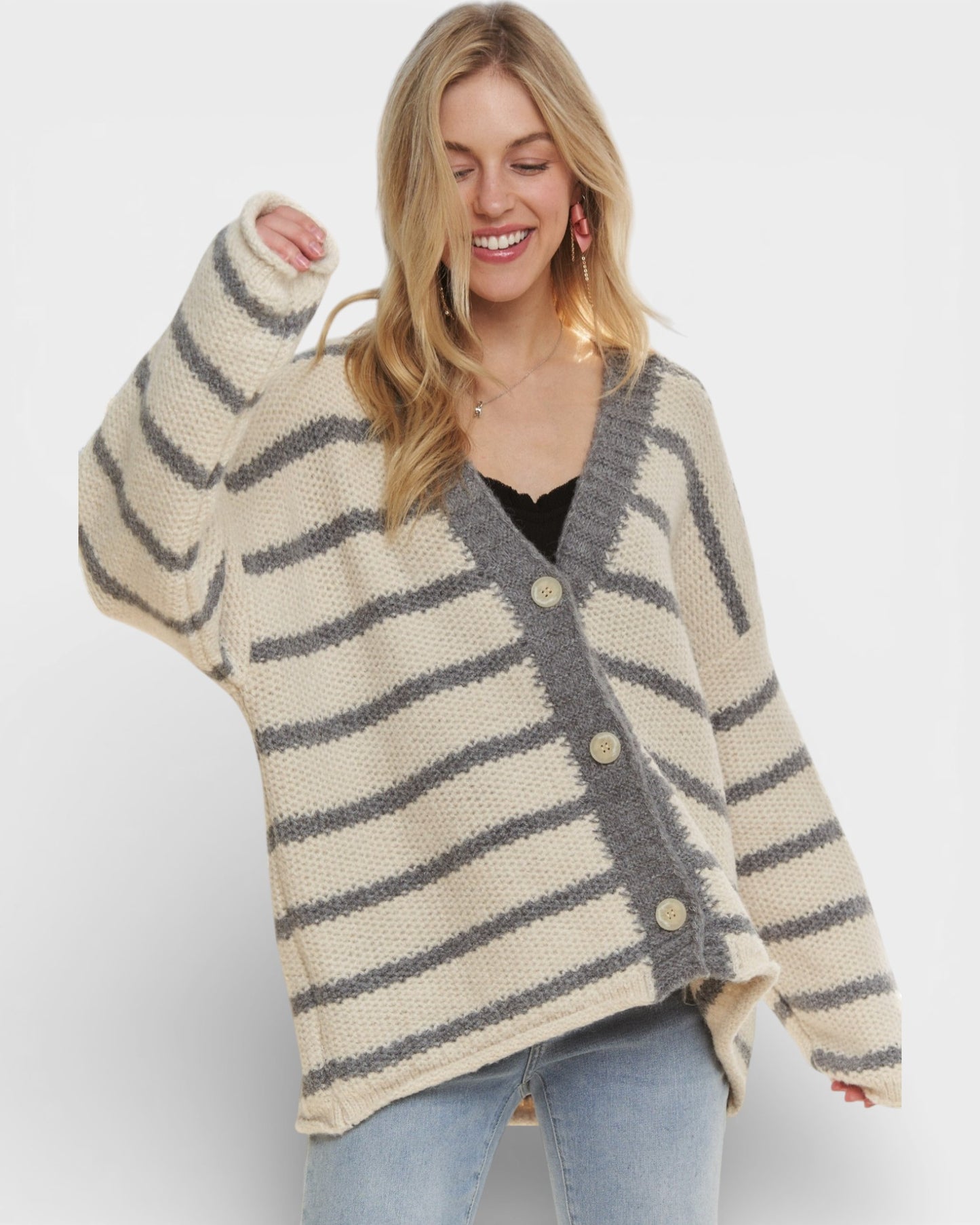 Ivory & Gray Striped Button Front Cardigan