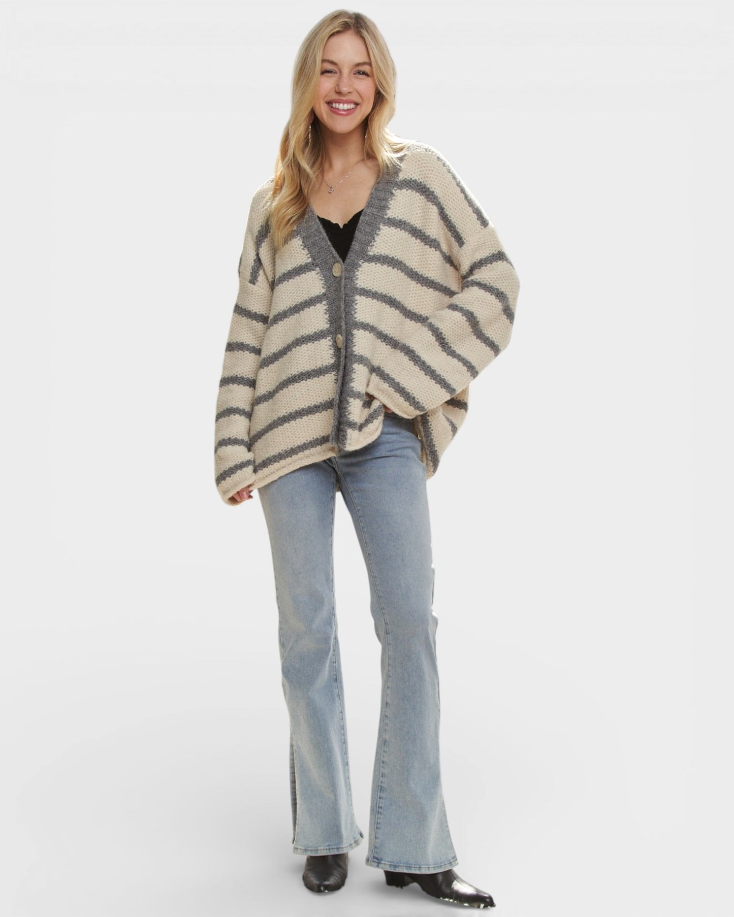 Ivory & Gray Striped Button Front Cardigan