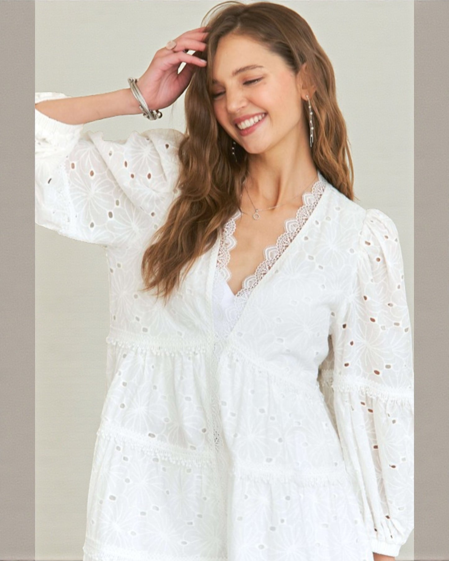 White Eyelet Lace Long Sleeve Mini Dress