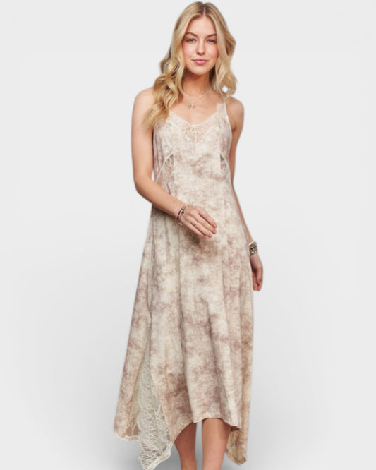 Woman wearing a floral dress on a white background