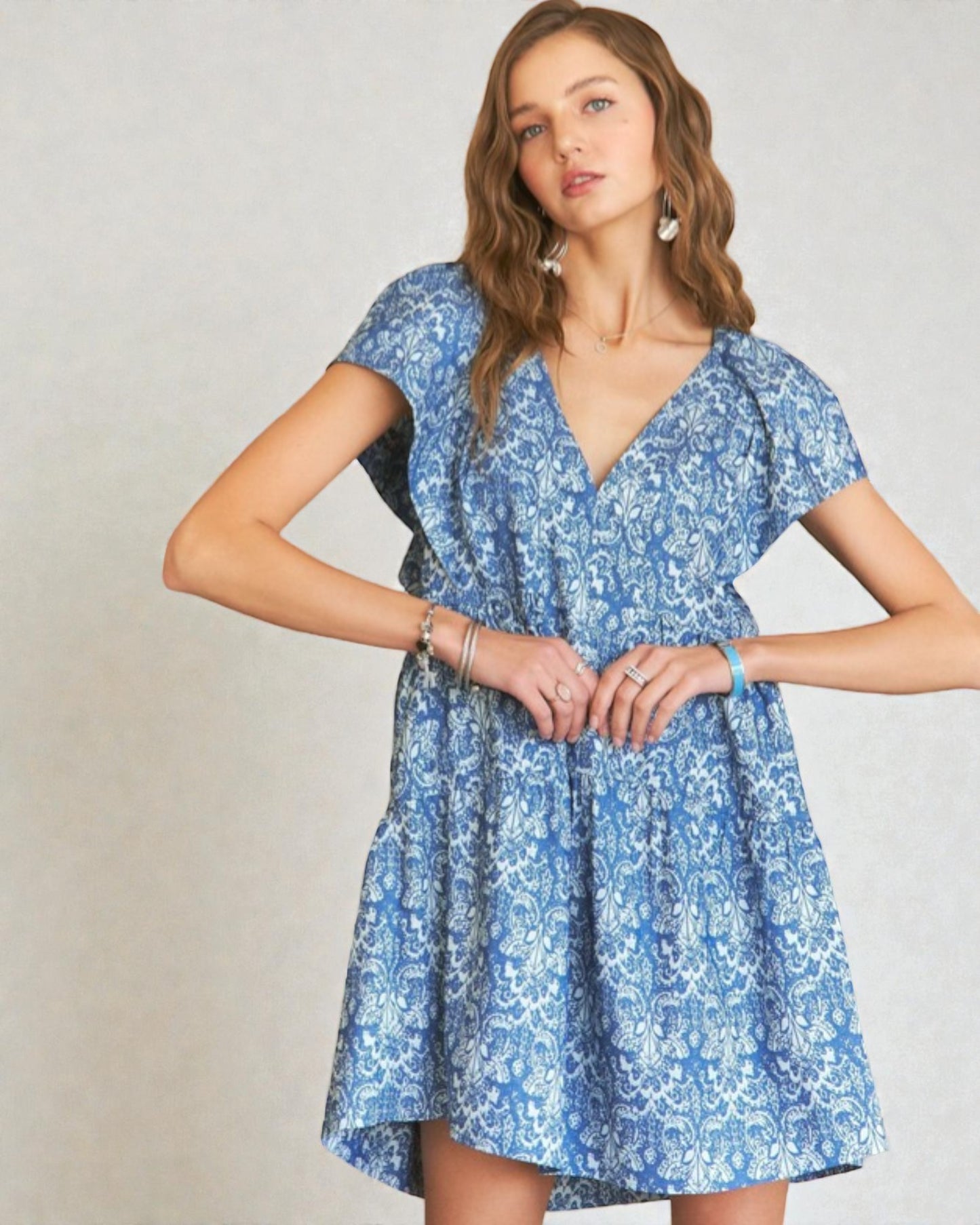 Chambray Paisley V-Neck Babydoll Mini Dress