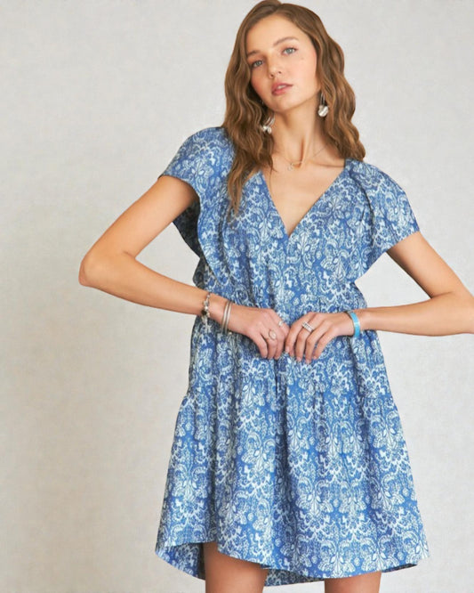 Chambray Paisley V-Neck Babydoll Mini Dress