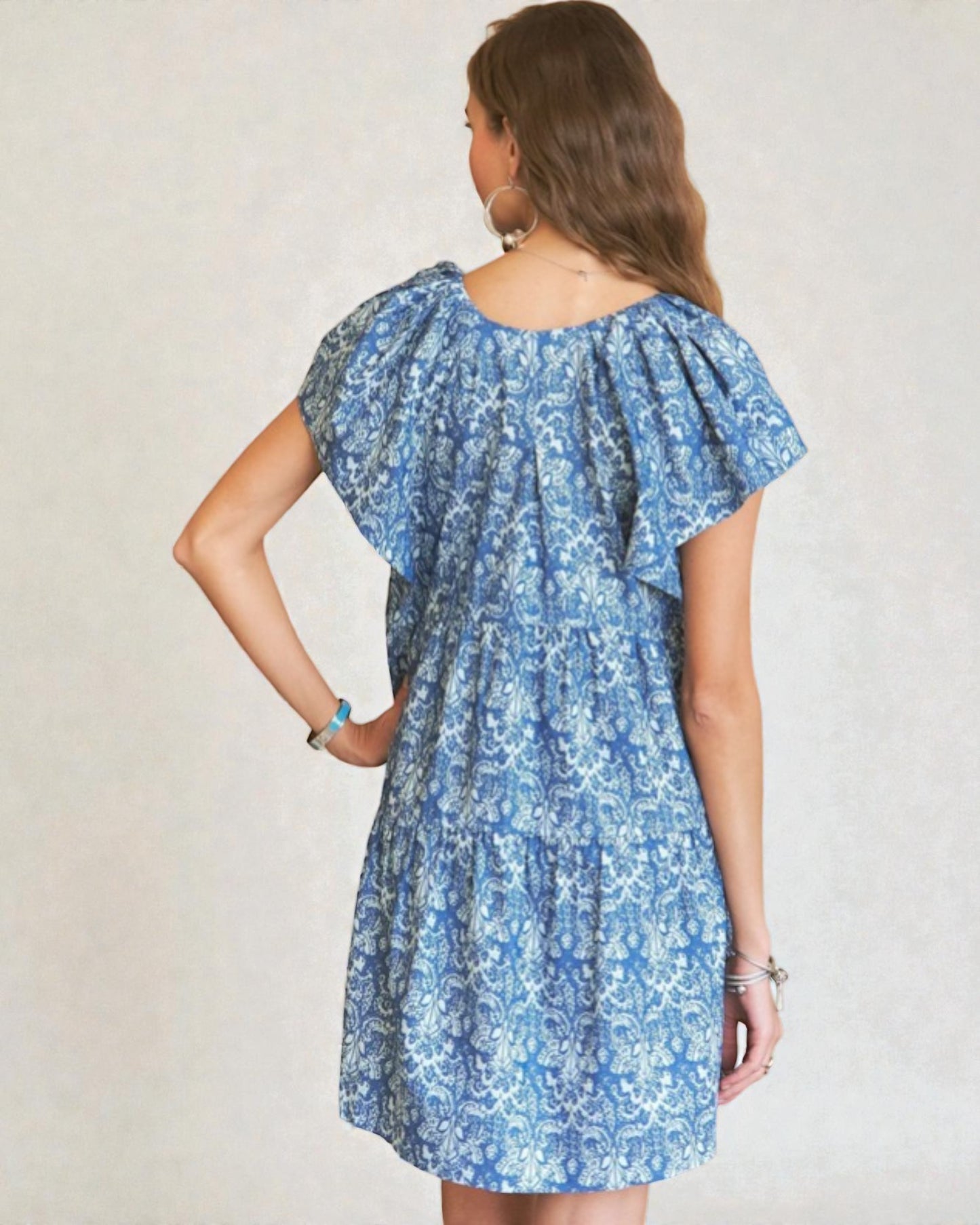 Chambray Paisley V-Neck Babydoll Mini Dress