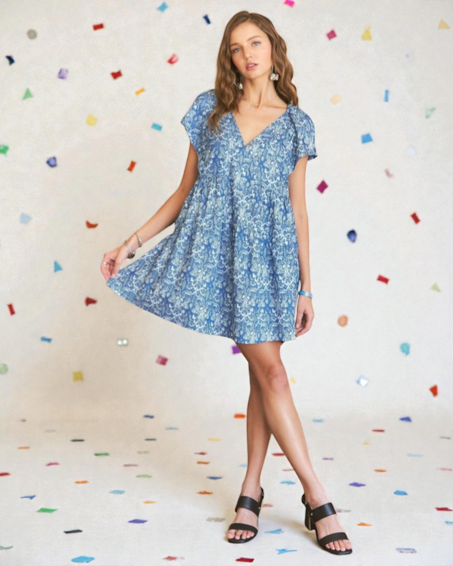 Chambray Paisley V-Neck Babydoll Mini Dress