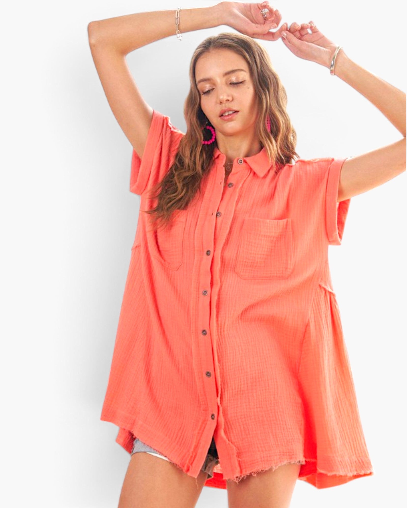 Coral Gauze Button-Front Shirt