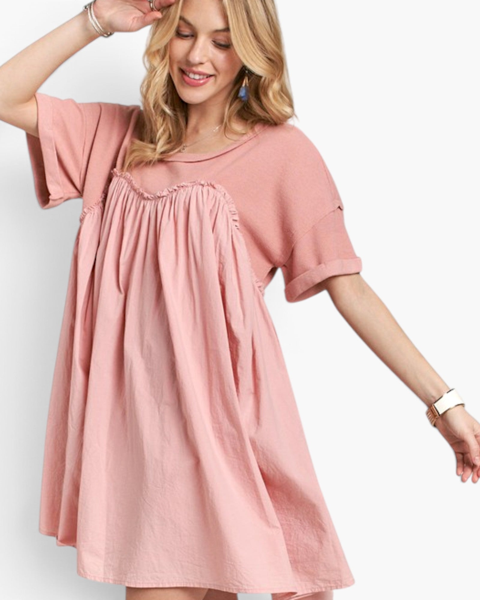 Dusty Pink Mixed-Fabric Babydoll Dress