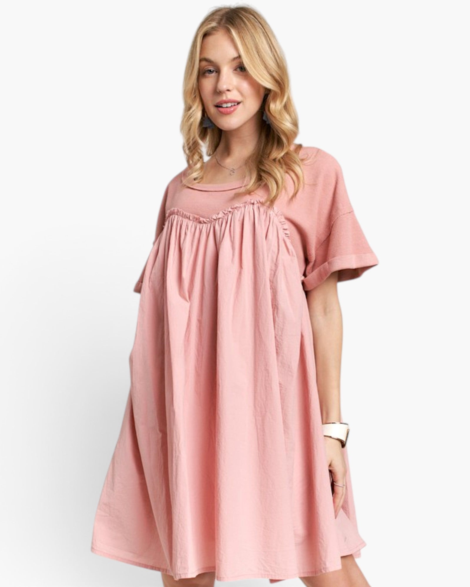 Dusty Pink Mixed-Fabric Babydoll Dress