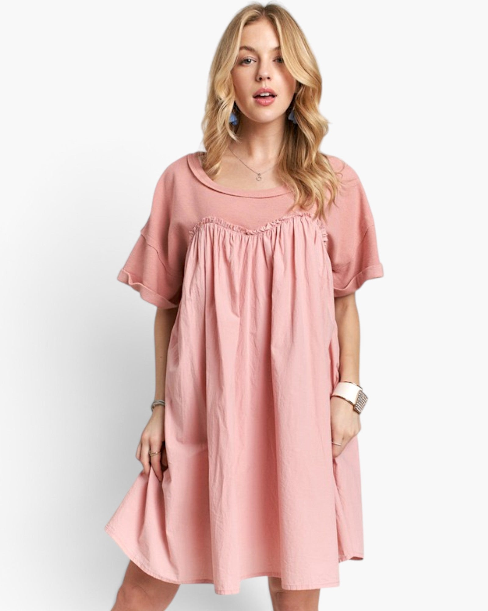 Dusty Pink Mixed-Fabric Babydoll Dress