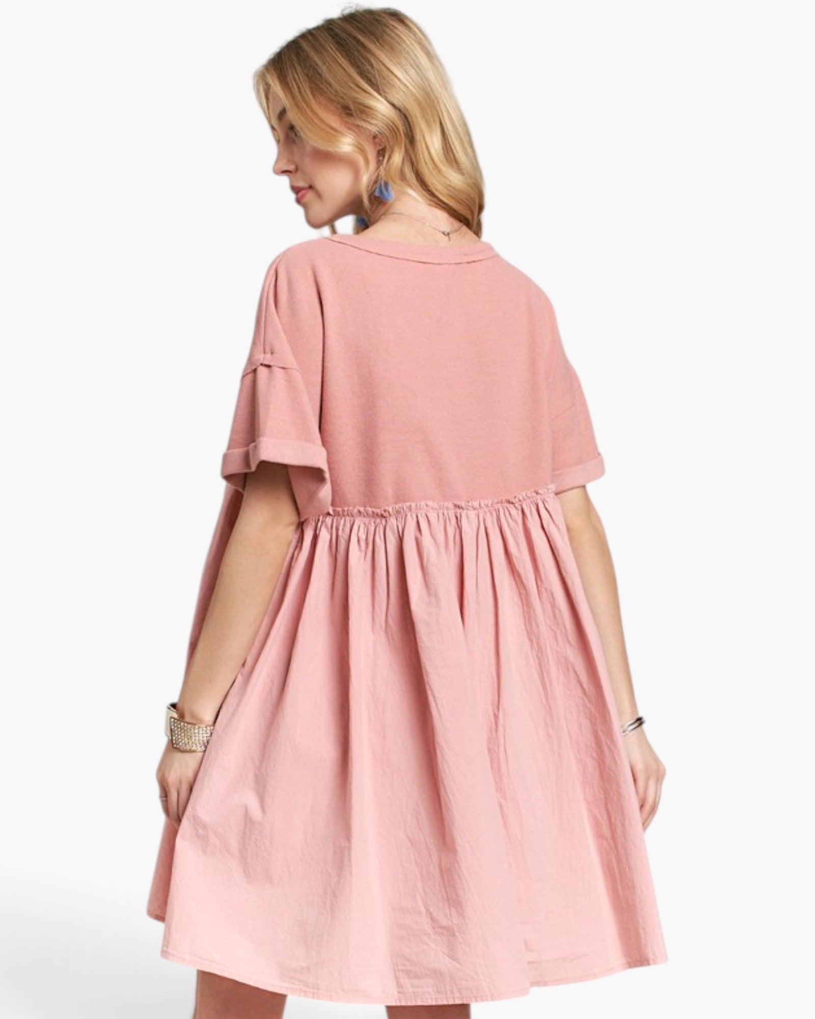 Dusty Pink Mixed-Fabric Babydoll Dress