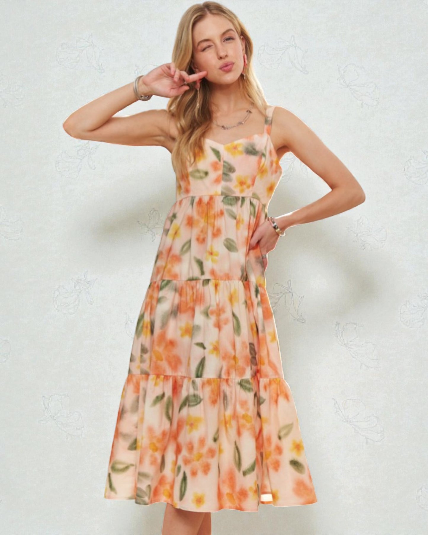 Peach Blossom Floral Tiered Midi Dress