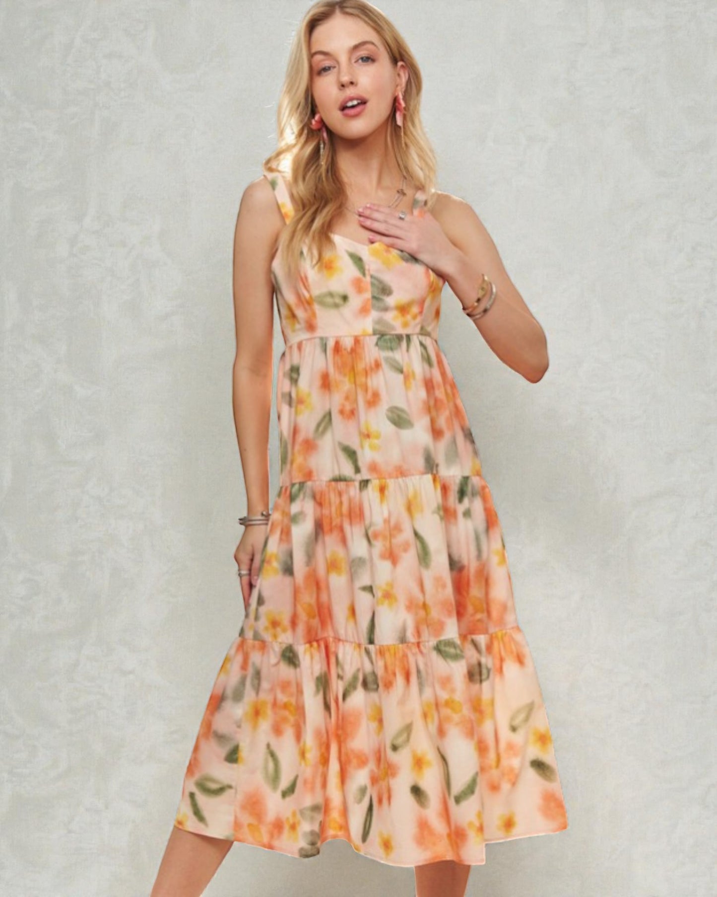 Peach Blossom Floral Tiered Midi Dress