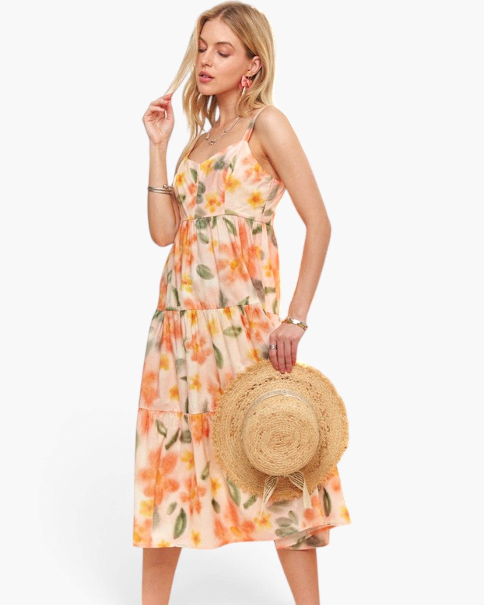 Tangerine Floral Tiered Midi Dress