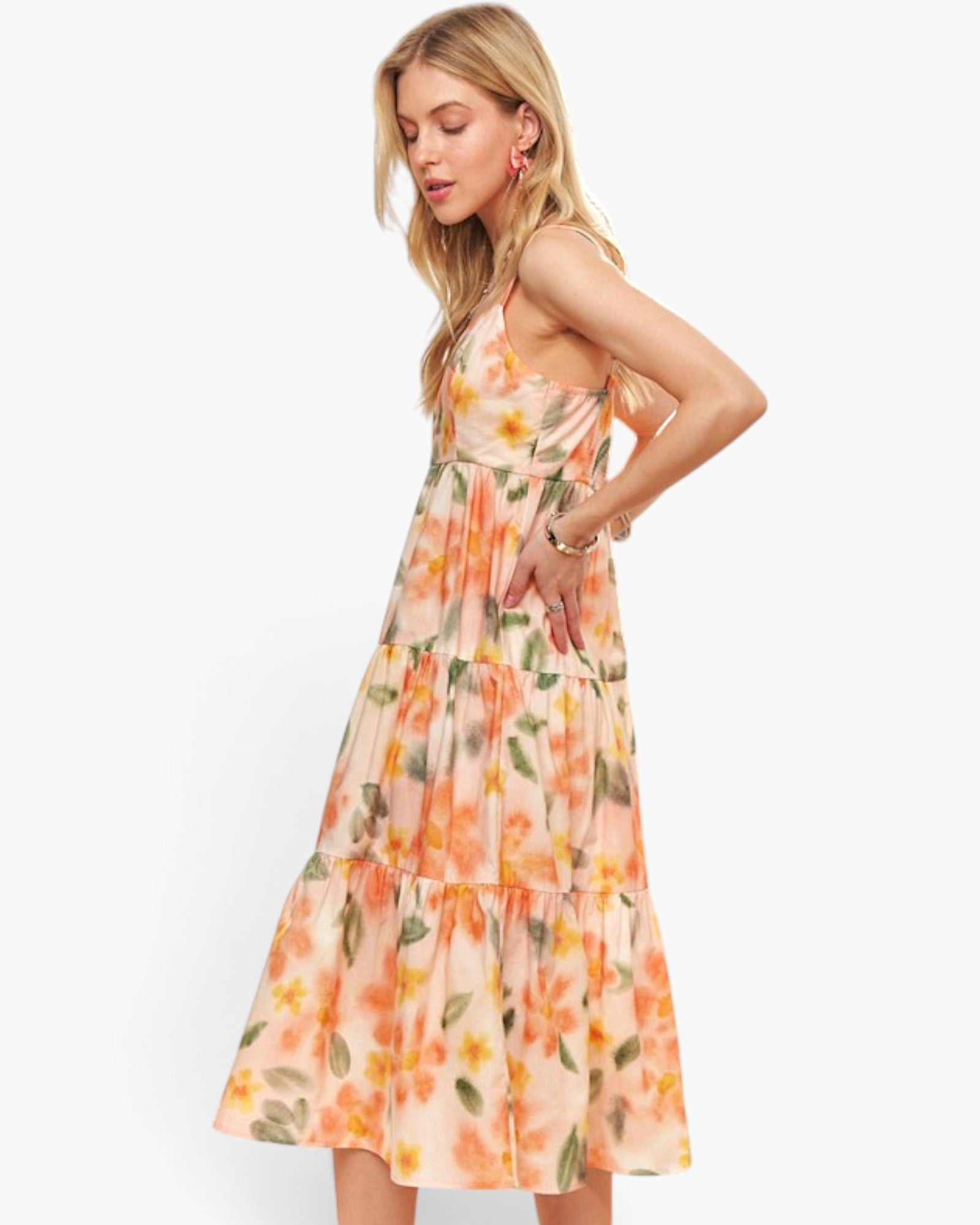 Tangerine Floral Tiered Midi Dress