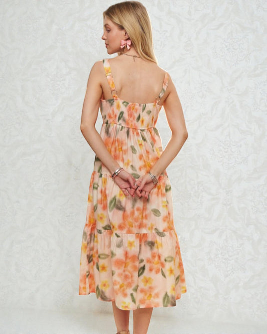 Peach Blossom Floral Tiered Midi Dress