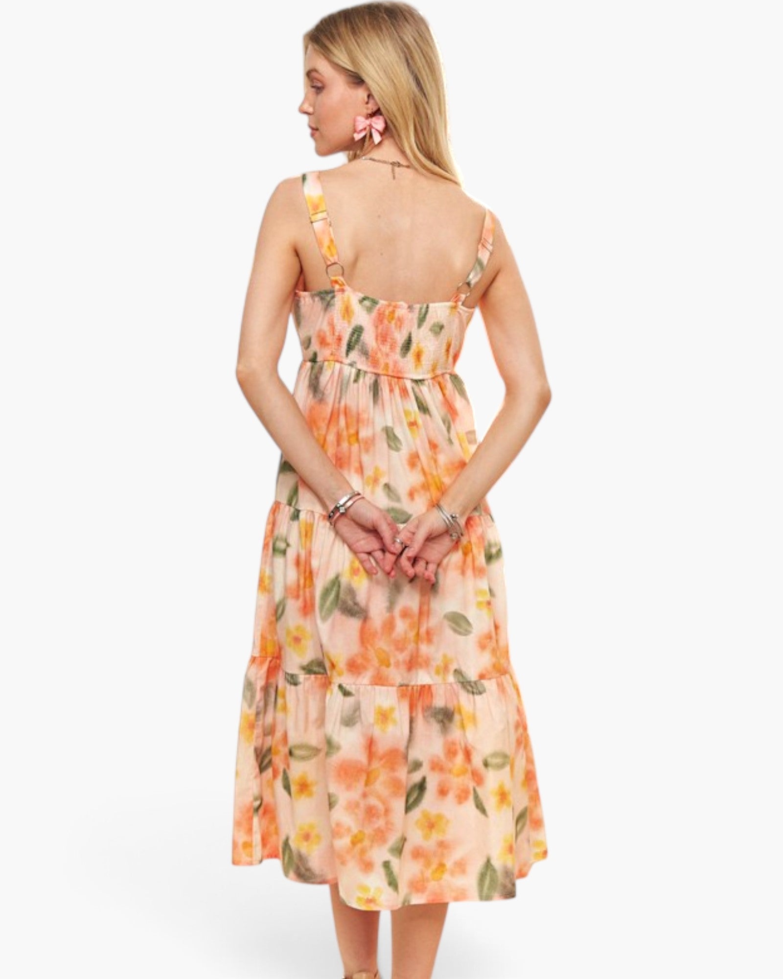 Tangerine Floral Tiered Midi Dress