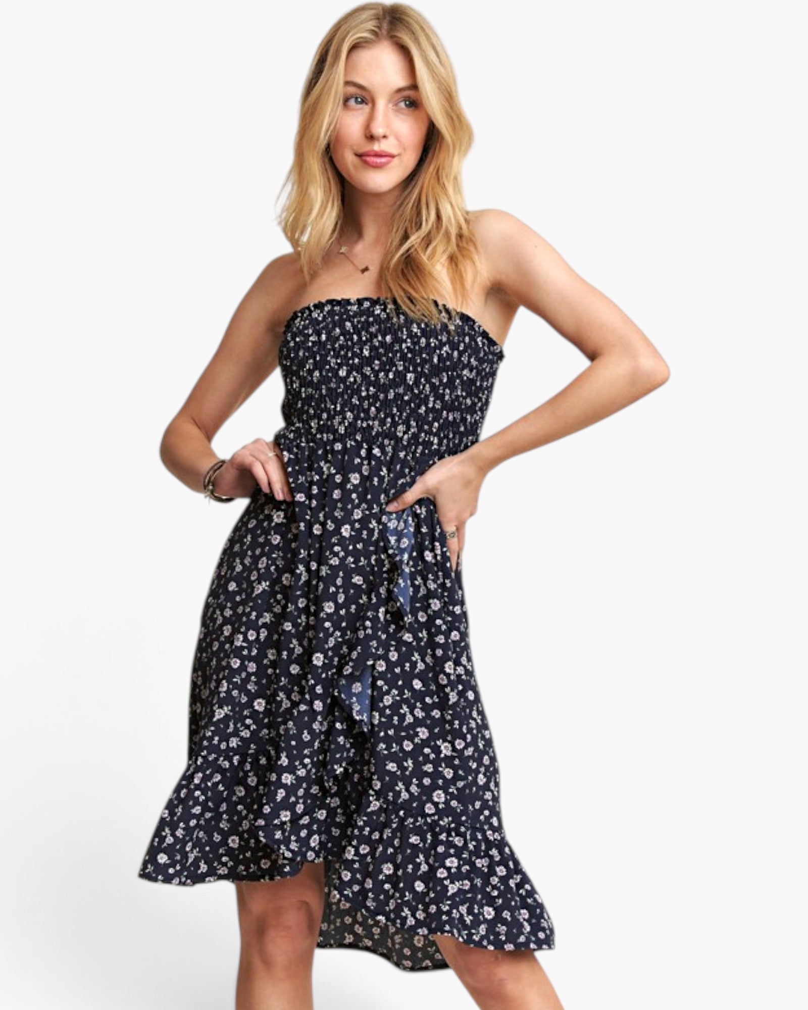 Navy Floral Smocked Strapless Dress