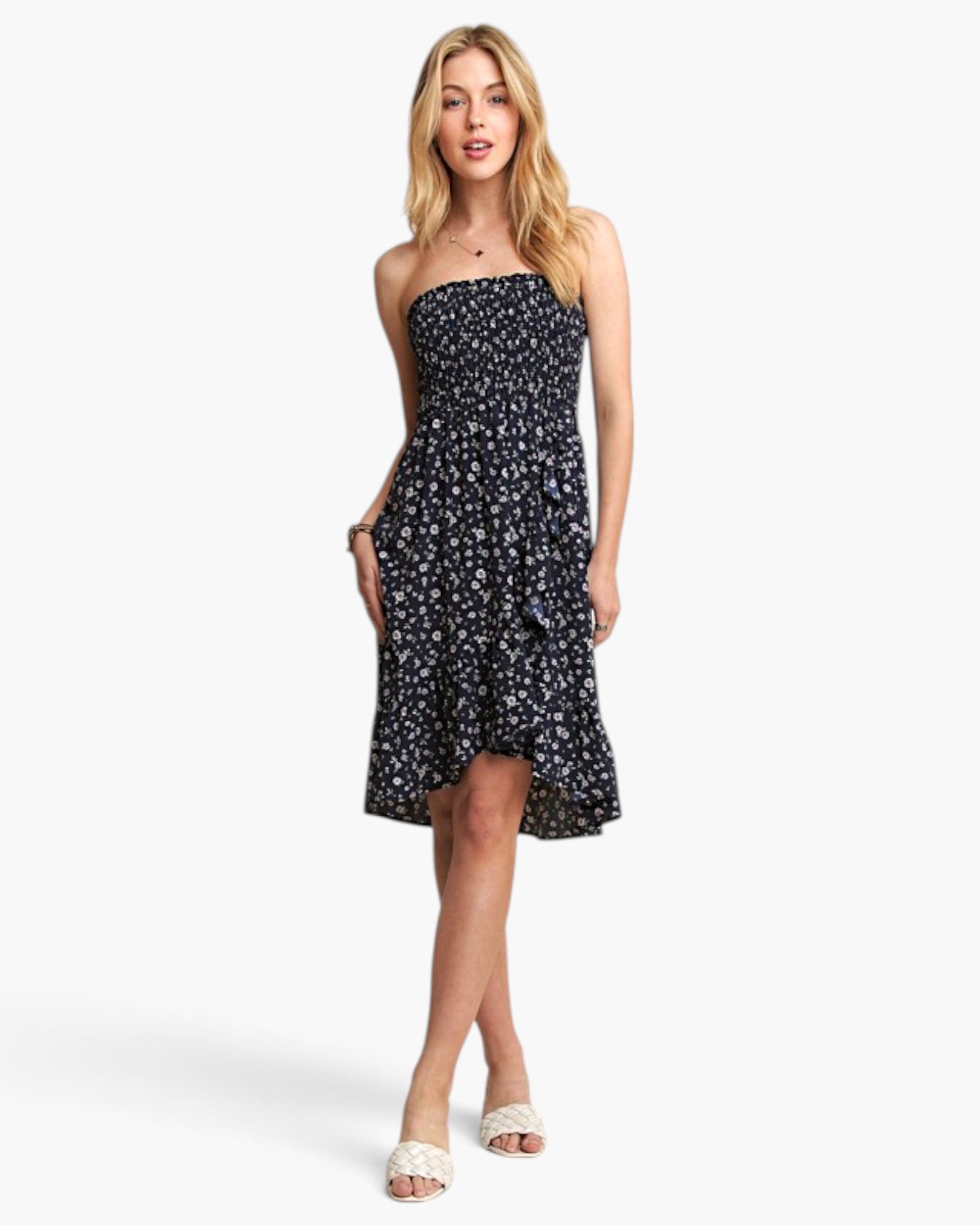 Navy Floral Smocked Strapless Dress