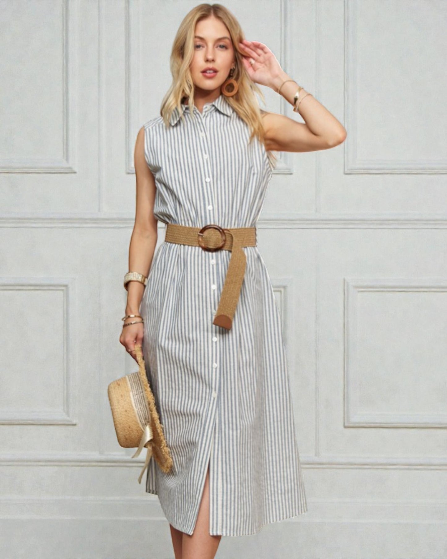 Ivory & Slate Striped Button-Front Midi Dress with Belt