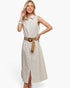 A woman modeling a sleeveless, button-front midi dress with vertical beige and white pinstripes, featuring a tan woven belt with a round brown buckle, set against a plain white studio background.