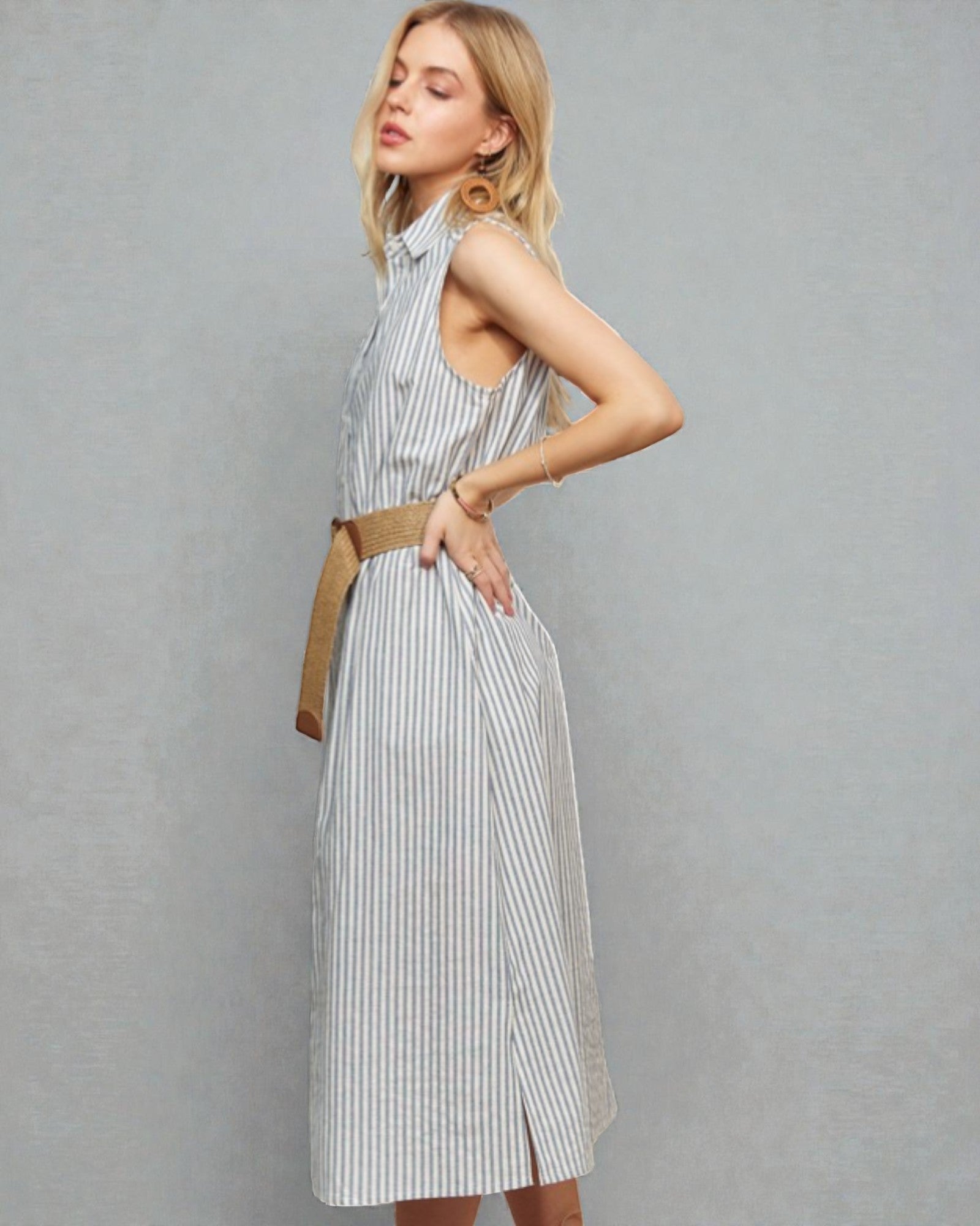 Ivory & Slate Striped Button-Front Midi Dress with Belt