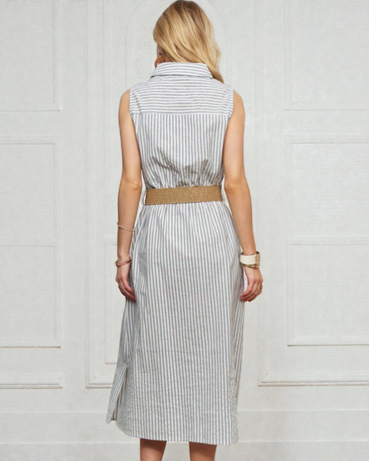 Ivory & Slate Striped Button-Front Midi Dress with Belt