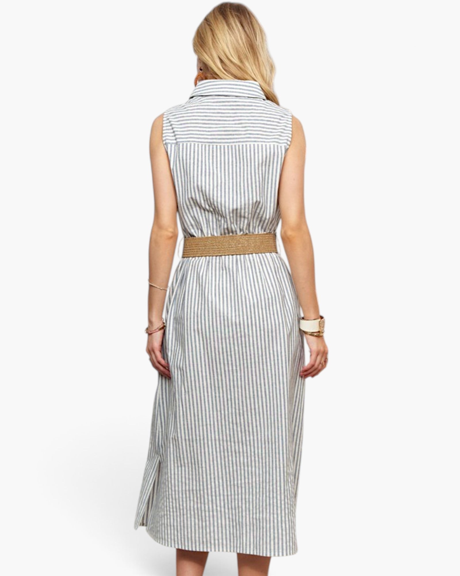 Blue Striped Belted Sleeveless Shirt Dress