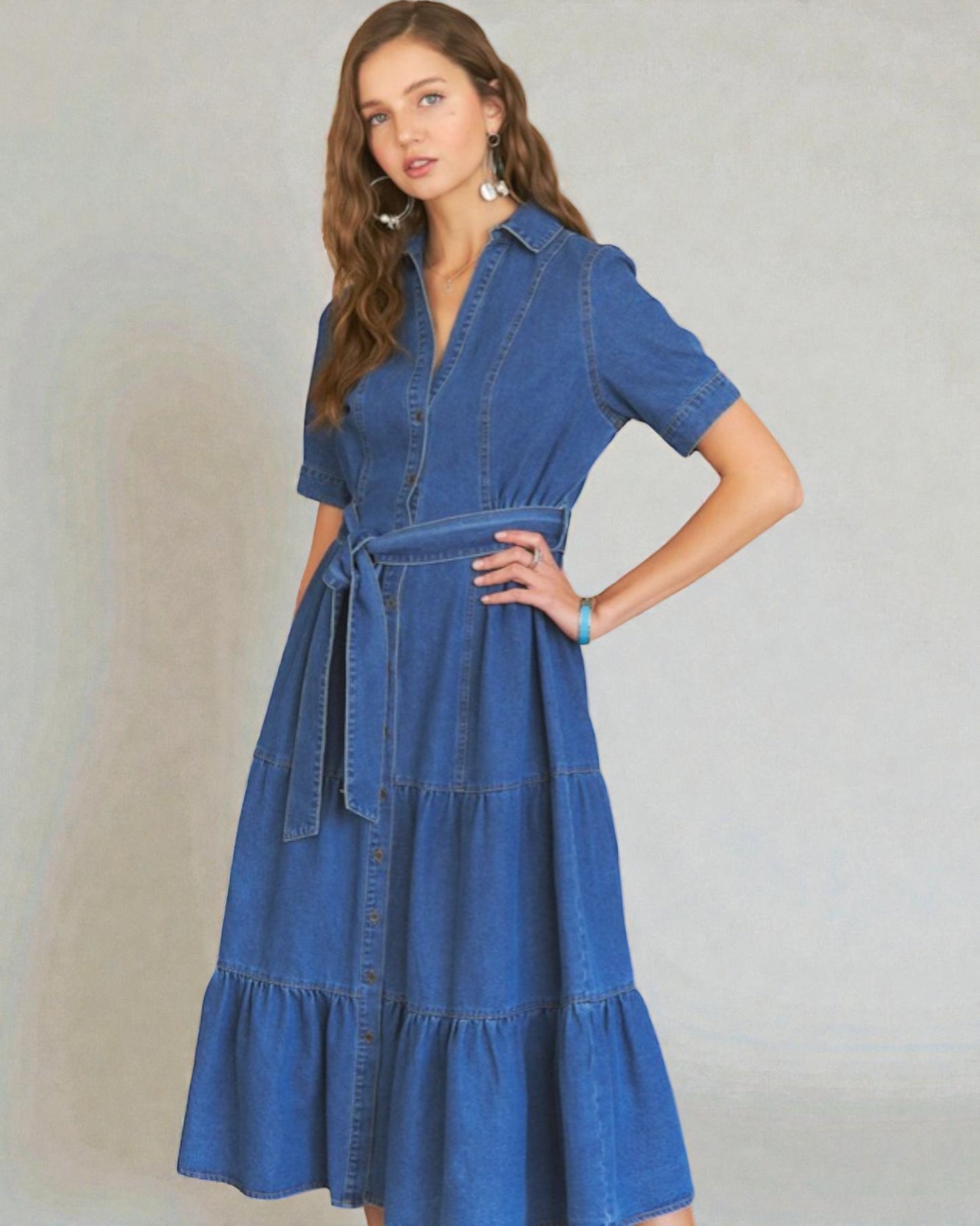 Medium Indigo Button-Front Belted Denim Midi Dress