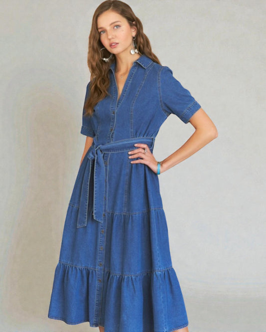 Medium Indigo Button-Front Belted Denim Midi Dress