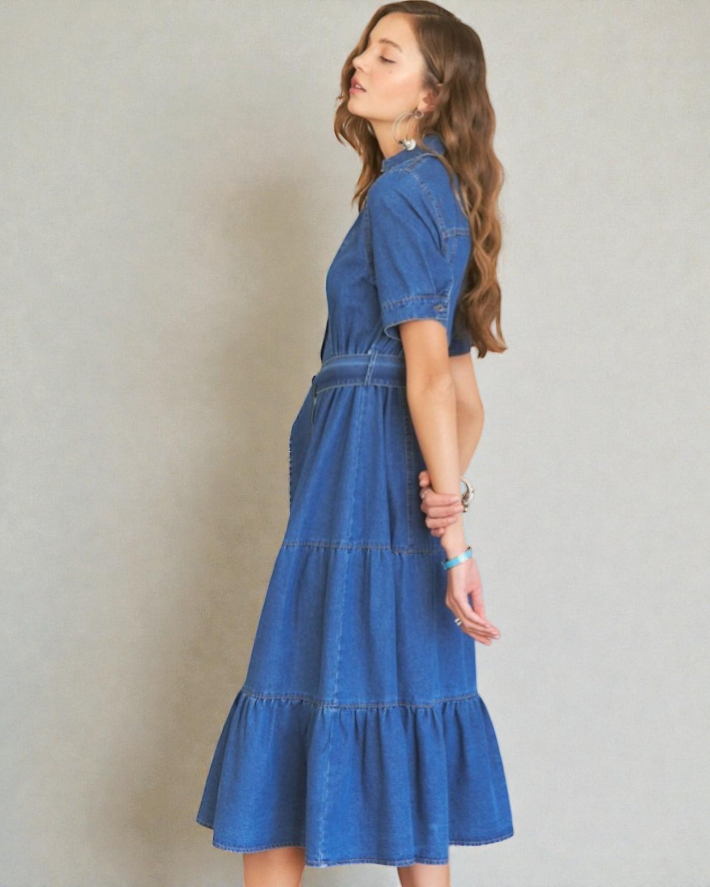 Medium Indigo Button-Front Belted Denim Midi Dress