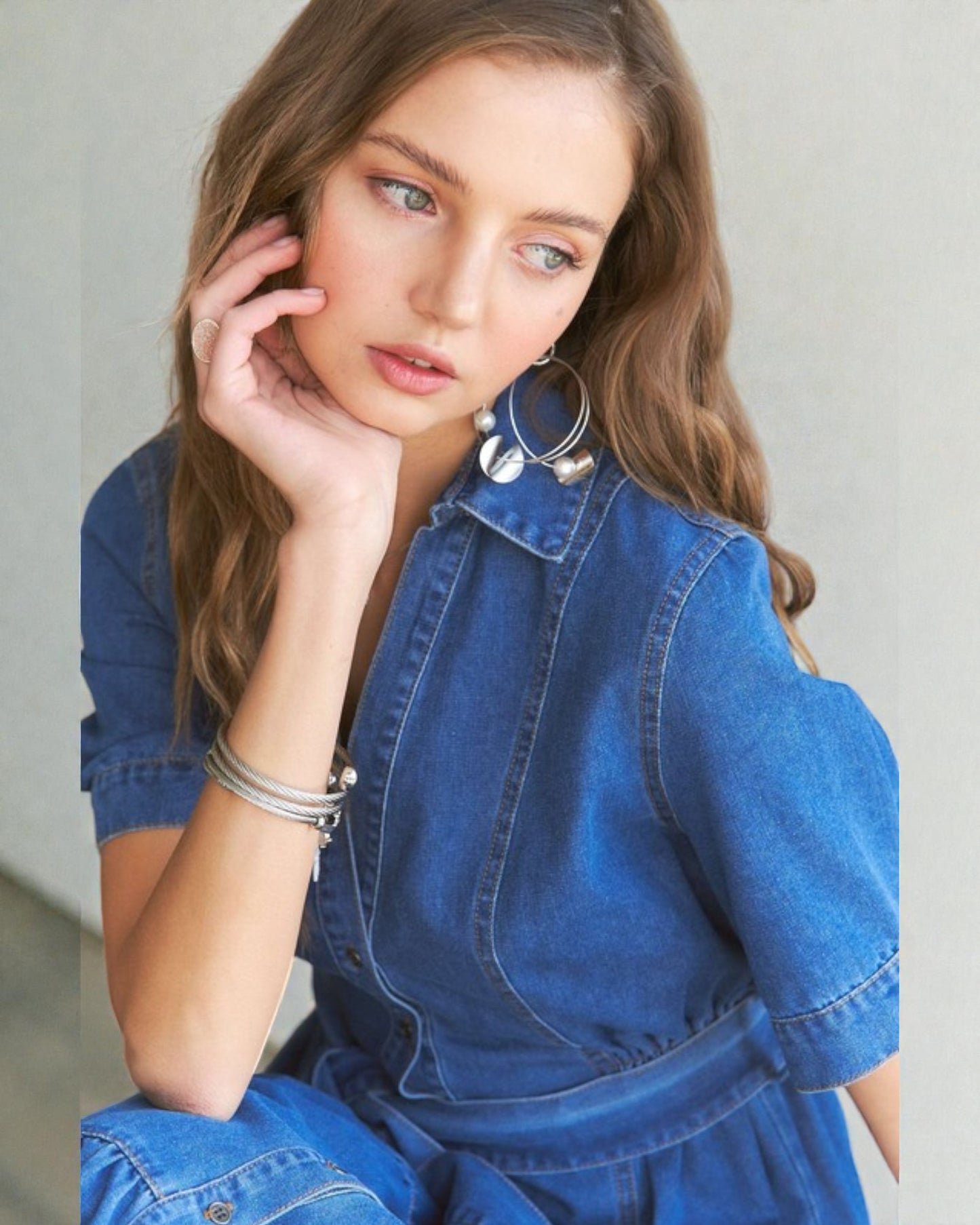 Medium Indigo Button-Front Belted Denim Midi Dress